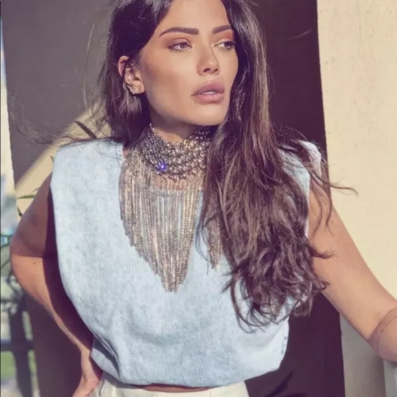 Zara Tops - ZARA SHOULDER PAD DENIM TOP FADED  BLUE 6186/012